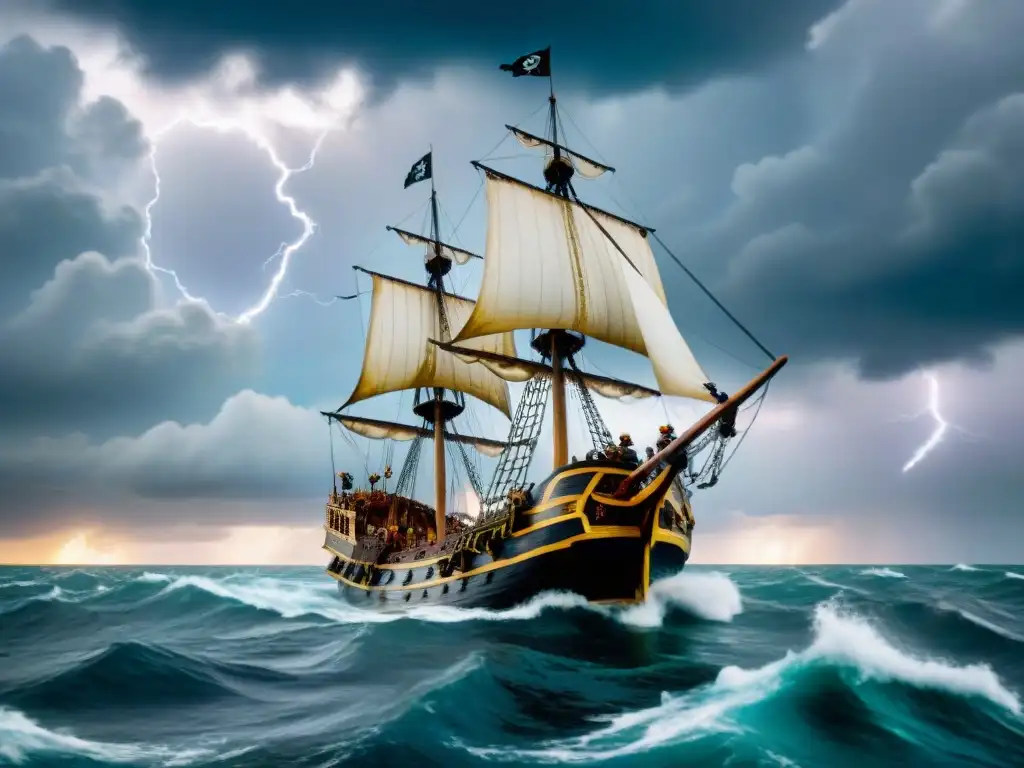 Una nave pirata surca el mar en tormenta con un grupo de piratas misteriosos, evocando mitologías inspiradoras de Piratas del Caribe