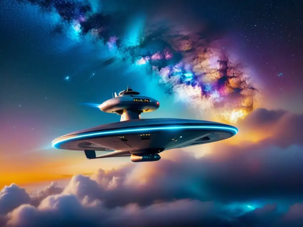 La USS Enterprise surca majestuosamente una nebulosa vibrante, reflejando la exploración intergaláctica en Star Trek