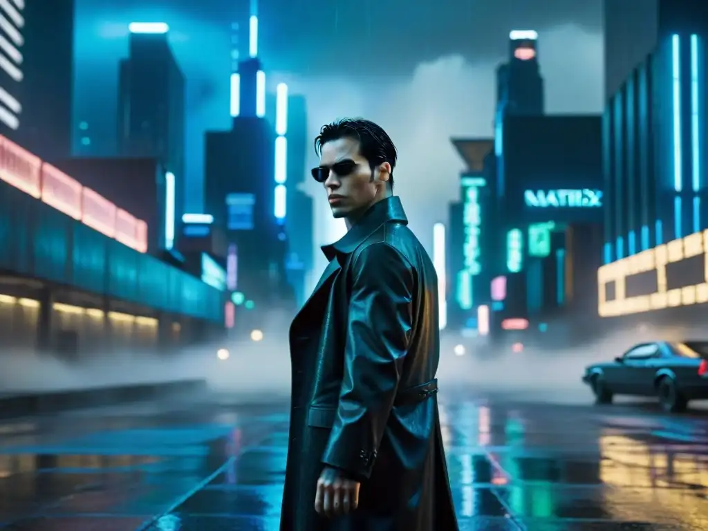 Neo desafiante bajo la lluvia en la ciudad futurista de 'The Matrix'