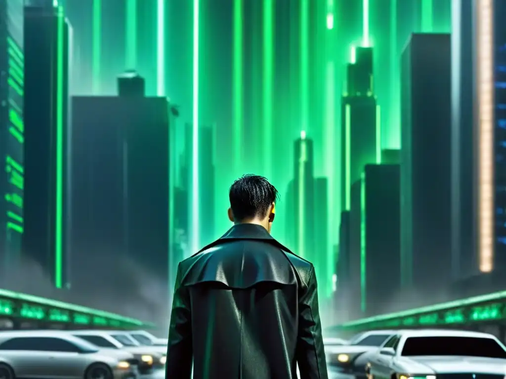 Neo en 'The Matrix' con su icónico abrigo negro y gafas, ante una lluvia de código verde en una ciudad futurista