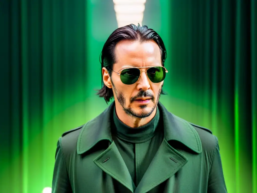 Neo, interpretado por Keanu Reeves, con su icónico abrigo negro y gafas, frente a códigos verdes de Matrix, proyecta misterio y profundidad filosófica