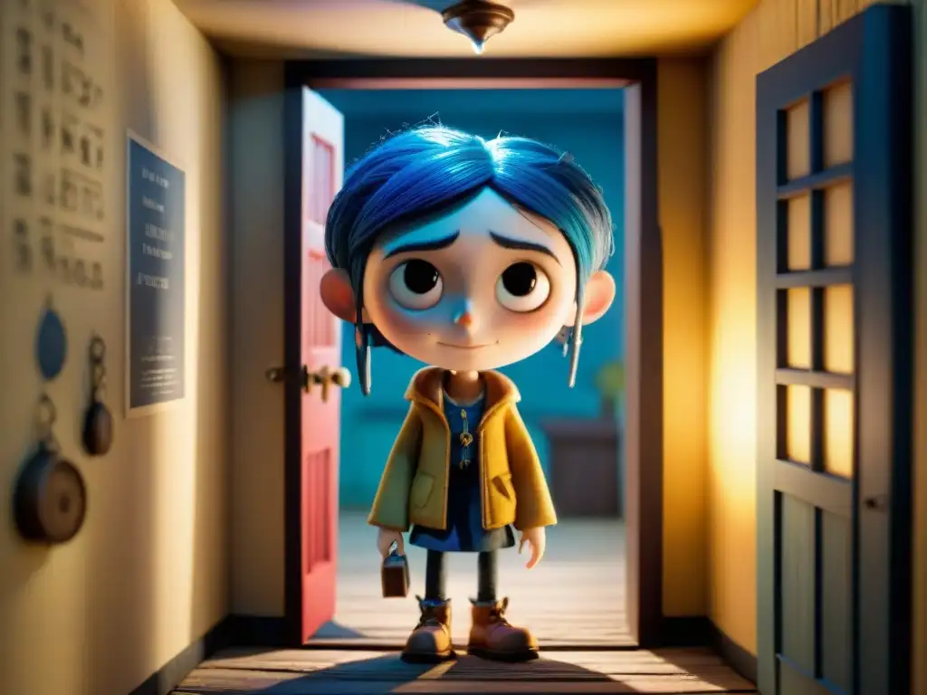 Portal místico: la niña Coraline frente a la puerta encantada Una niña similar a Coraline frente a una puerta mística con runas brillantes, en un pasillo oscuro