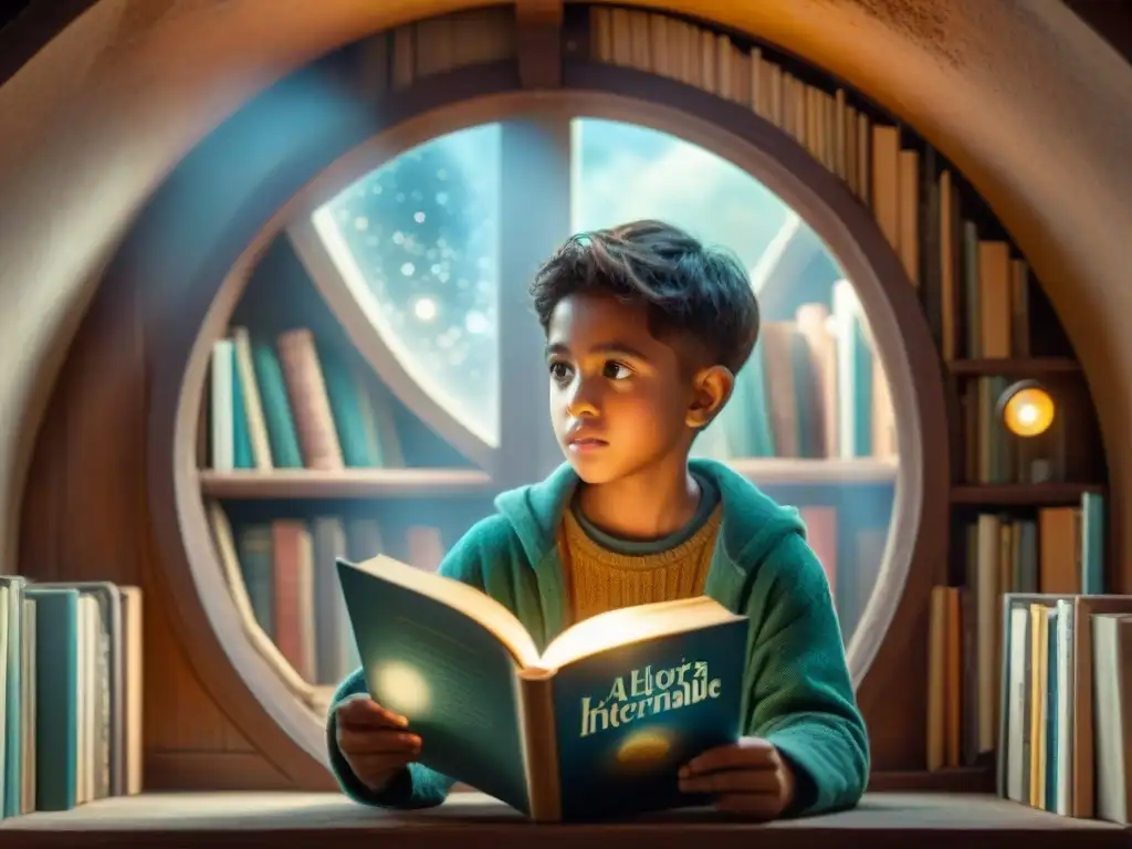 Niño asombrado leyendo 'La historia interminable' en un ático mágico lleno de libros