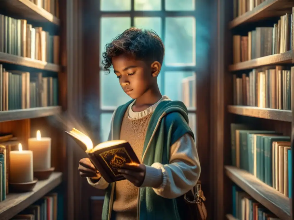 Niño maravillado ante estantería mágica en ático encantado Un niño asombrado sostiene un libro antiguo mientras alcanza una estantería mágica