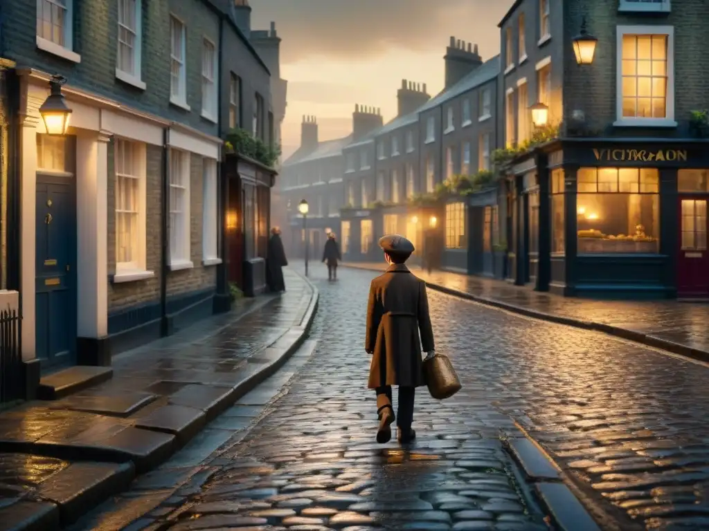 Un niño huérfano en una calle victoriana de Londres, evocando la atmósfera de Oliver Twist