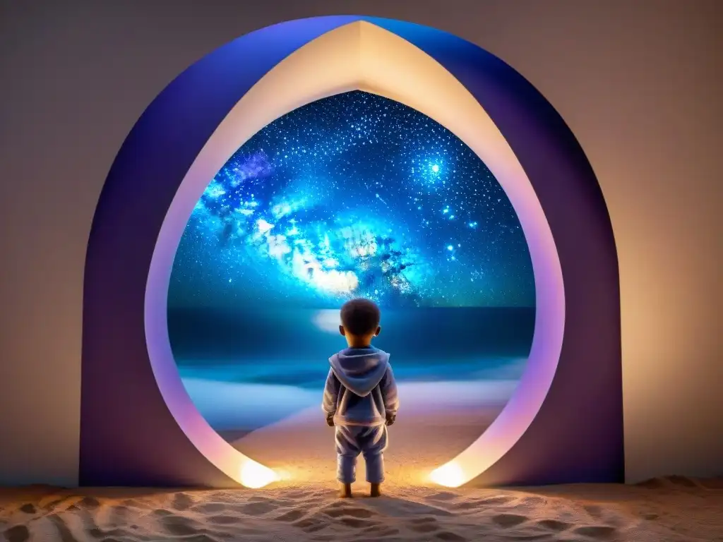 Un niño en pijama frente a un portal brillante hacia universos paralelos en la fantasía