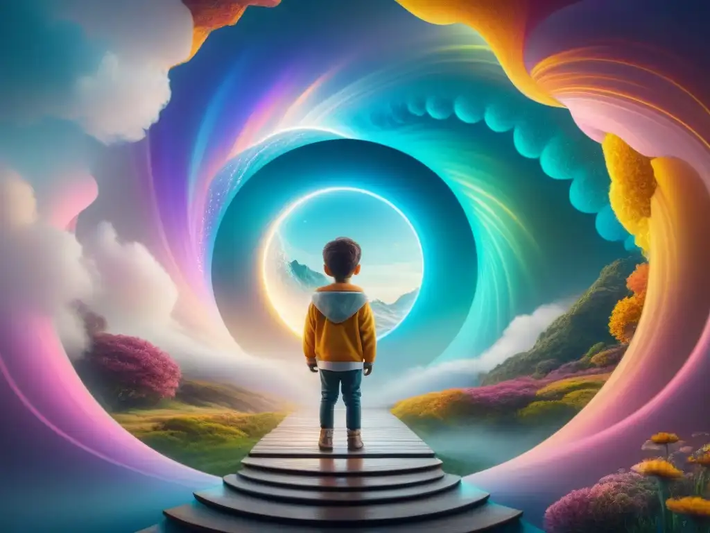 Un niño en el umbral de un portal brillante hacia un universo paralelo lleno de colores vibrantes y paisajes surrealistas