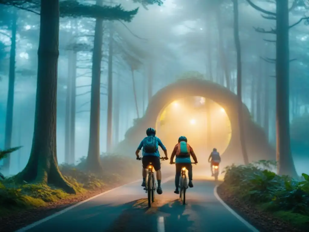 Niños pedaleando en bosque neblinoso hacia portal brillante, evocando aventura y misterio al estilo 'Stranger Things impacto nostalgia 80s'