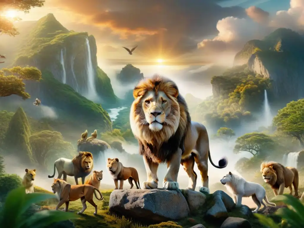 El noble Aslan, rey de Narnia, rodeado de criaturas míticas del bestiario de las Crónicas