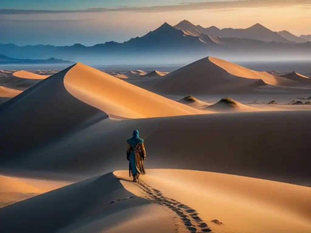 Noche estrellada en Arrakis, dunas imponentes y Fremen junto a cosechadora de especia, evocando profecías futuras en Cultos de Dune