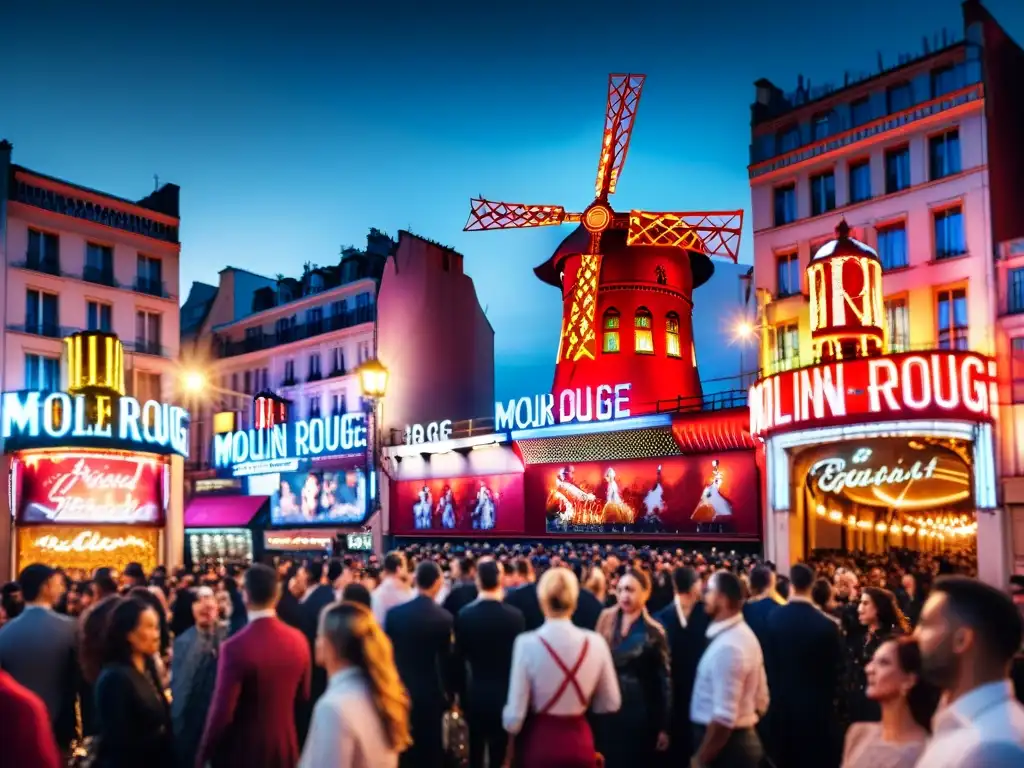 Una noche mágica en el Moulin Rouge, con luces vibrantes y elegantes asistentes, capturando la historia del cabaret parisino