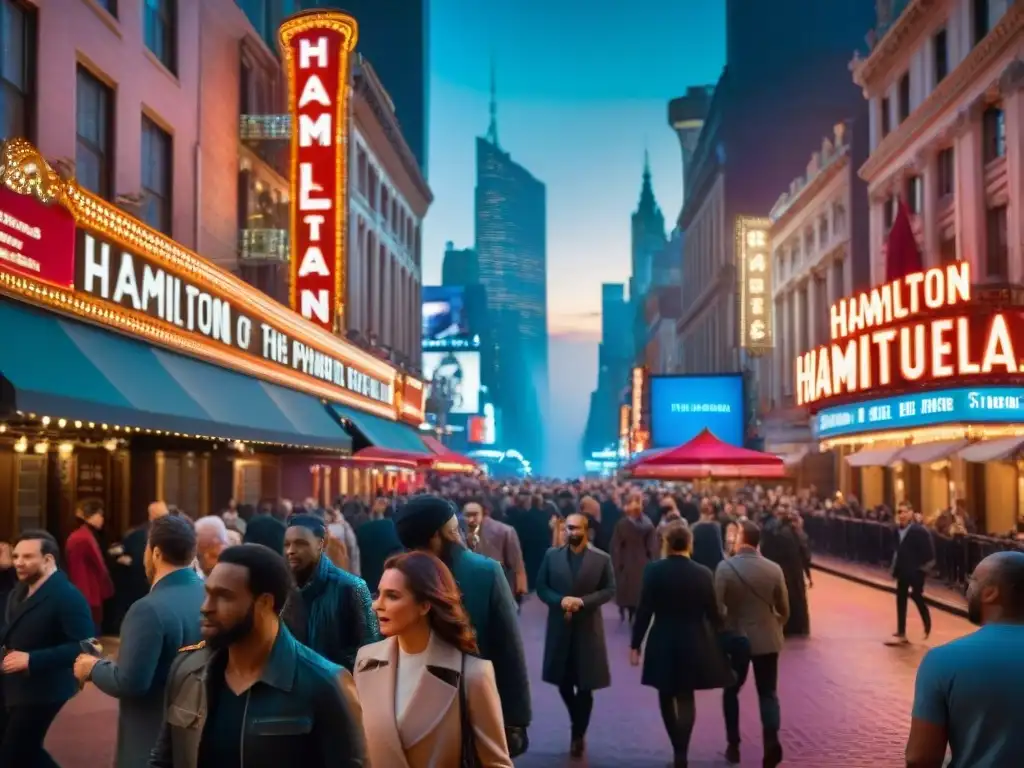 Una noche vibrante en Broadway con luces de neón y teatros, creando un mundo musical comparativo