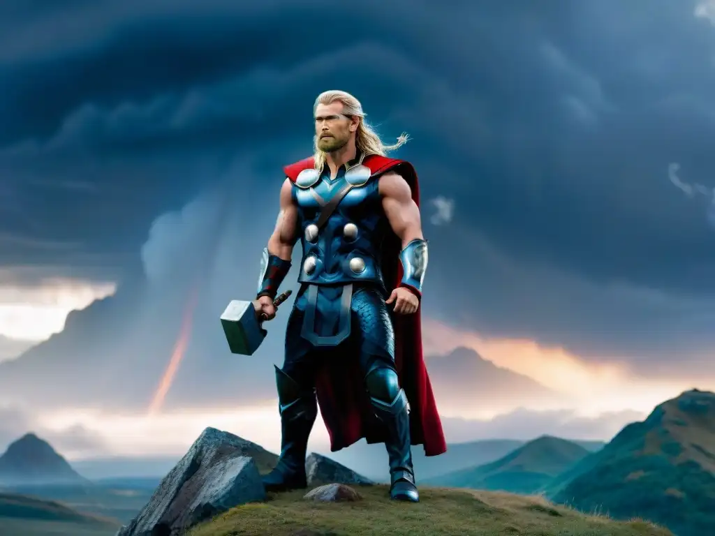 Thor, el dios nórdico, en armadura en la cima de una montaña con el cosmos de fondo