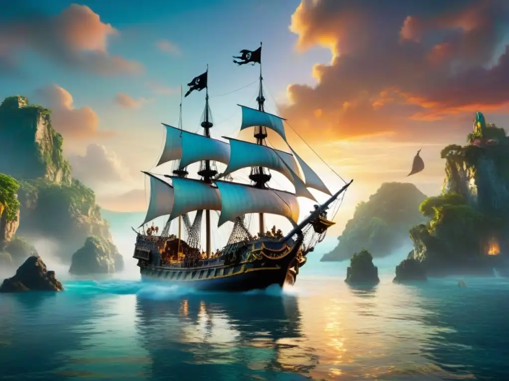 Nostálgica escena marítima con barco pirata, sirenas y Flying Dutchman en Neverland al atardecer