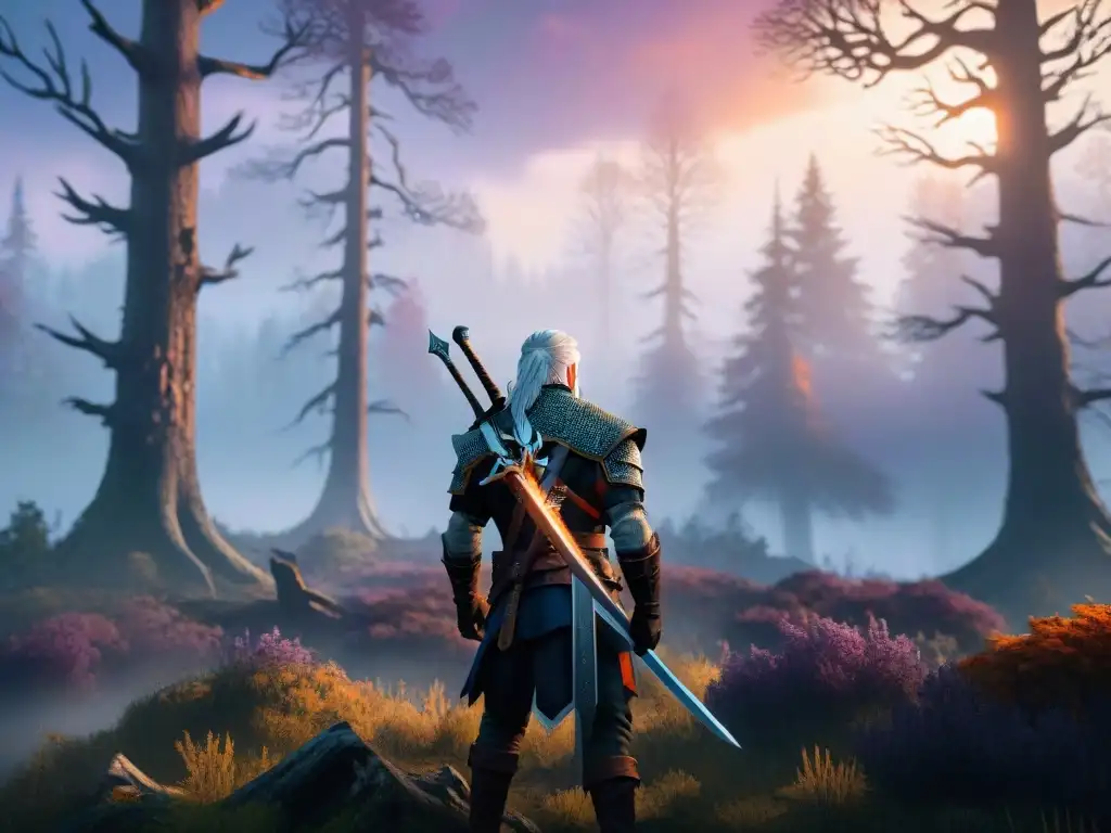 Una obra de arte digital detallada que muestra a Geralt de Rivia enfrentando a un Leshen en un bosque brumoso al anochecer