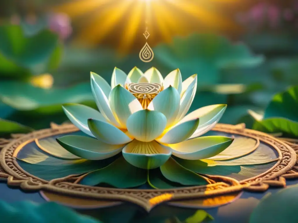 Armonía mística: loto y Om fusionados en jardín occidental Un jardín occidental tranquilo con un loto majestuoso y un símbolo Om brillante, rodeados de luz y un patrón celta