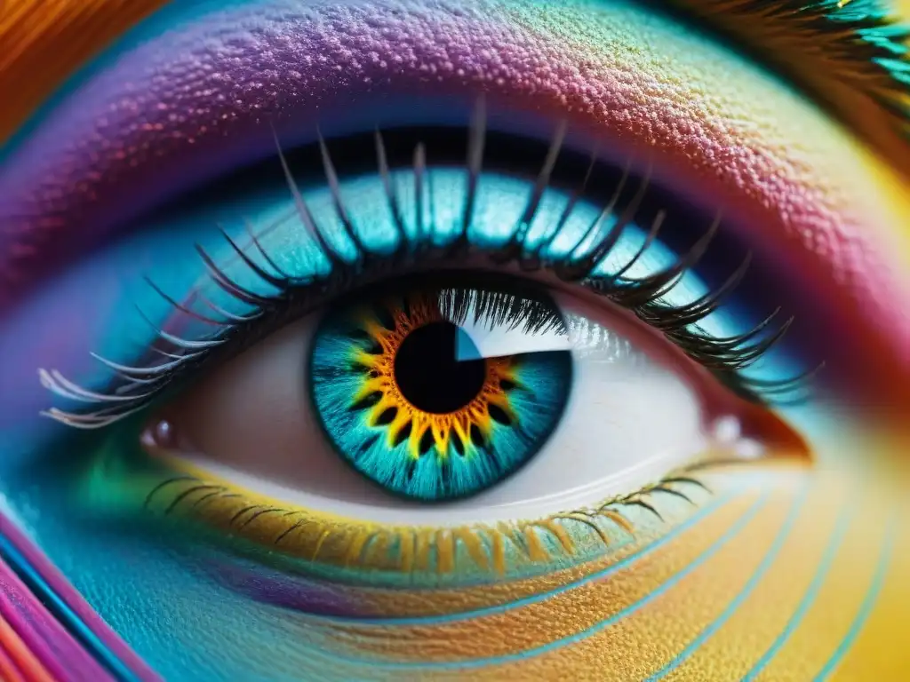 Un ojo dilatado reflejando un caleidoscopio de colores vibrantes, evocando la psicodelia en el cine análisis