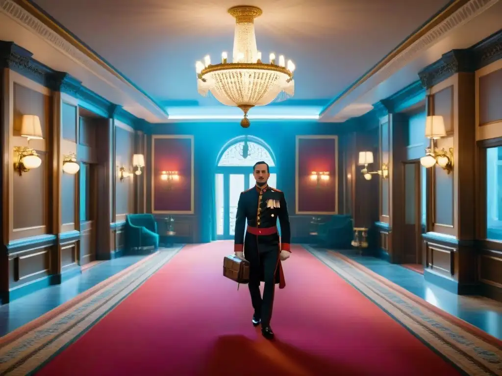 Opulento lobby de 'El Gran Hotel Budapest' con un deslumbrante candelabro, moqueta roja, recepción dorada y bellboys vintage