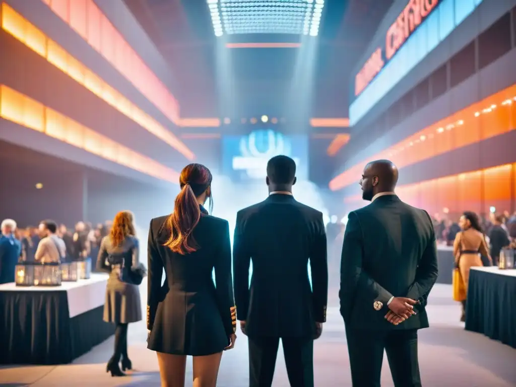 Organizadores de convenciones de ciencia ficción discuten logística bajo luces neón en convención