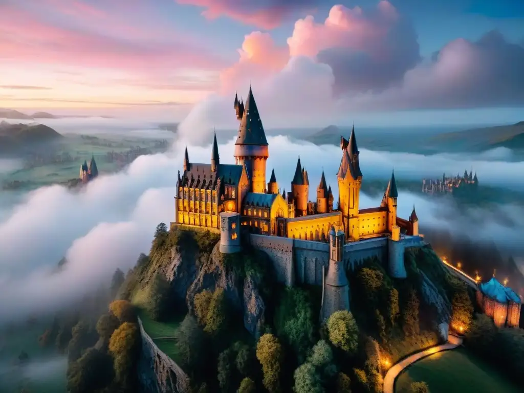 Orígenes de la magia en Hogwarts: Vista aérea del castillo al atardecer, iluminado por luces cálidas en un cielo estrellado