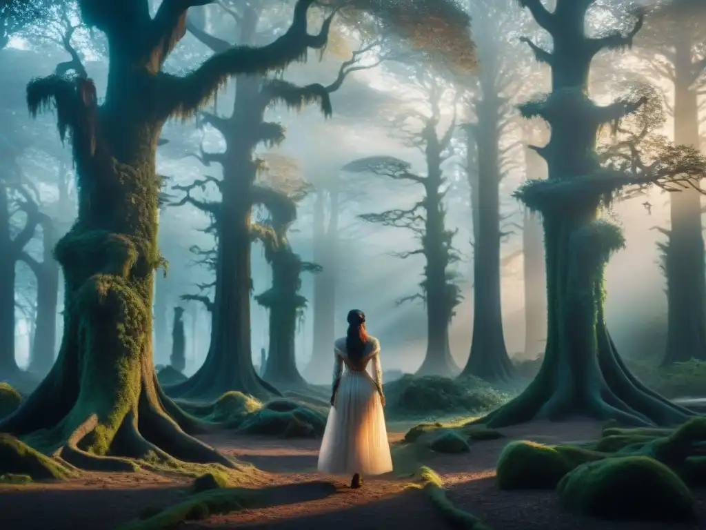 Orígenes de espíritus en fantasía: seres místicos emergen de un bosque al anochecer, rodeados de magia y misterio