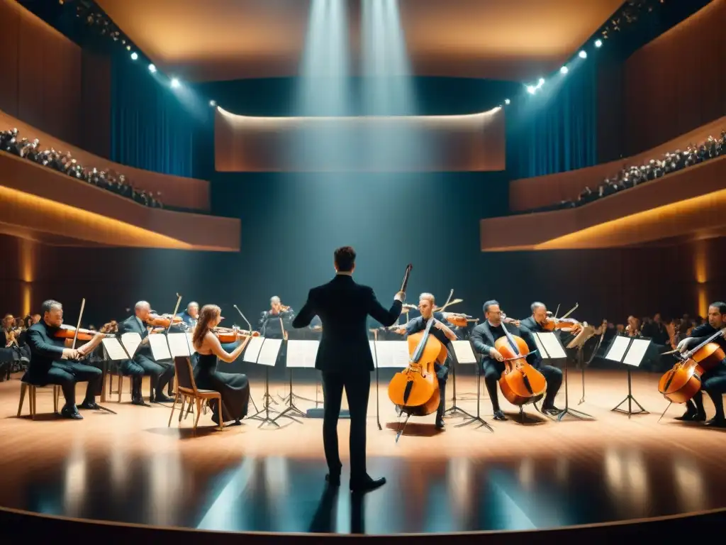 Una orquesta majestuosa interpreta música épica en un escenario grandioso, inspirada en la mitología