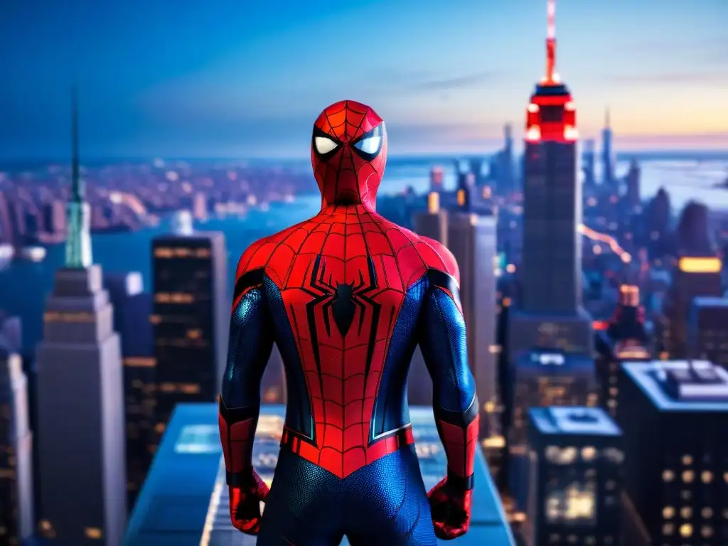 En la oscura noche de Nueva York, SpiderMan refleja Responsabilidad en el Universo Marvel, con Iron Man al fondo