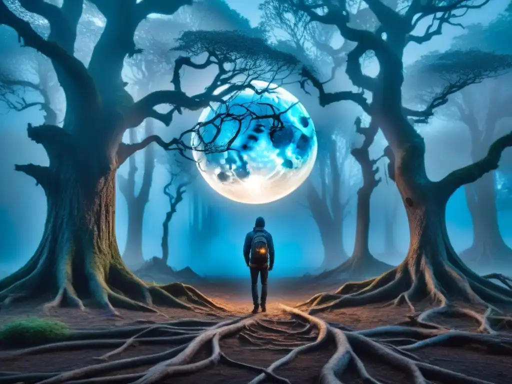 Un oscuro bosque misterioso de noche con luna llena, árboles retorcidos y una familia caminando hacia un portal brillante