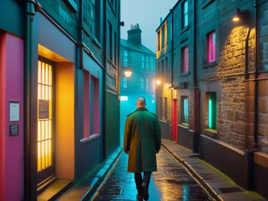 Un oscuro callejón de Edimburgo, Escocia, evocando la contracultura de los 90 al estilo de Trainspotting