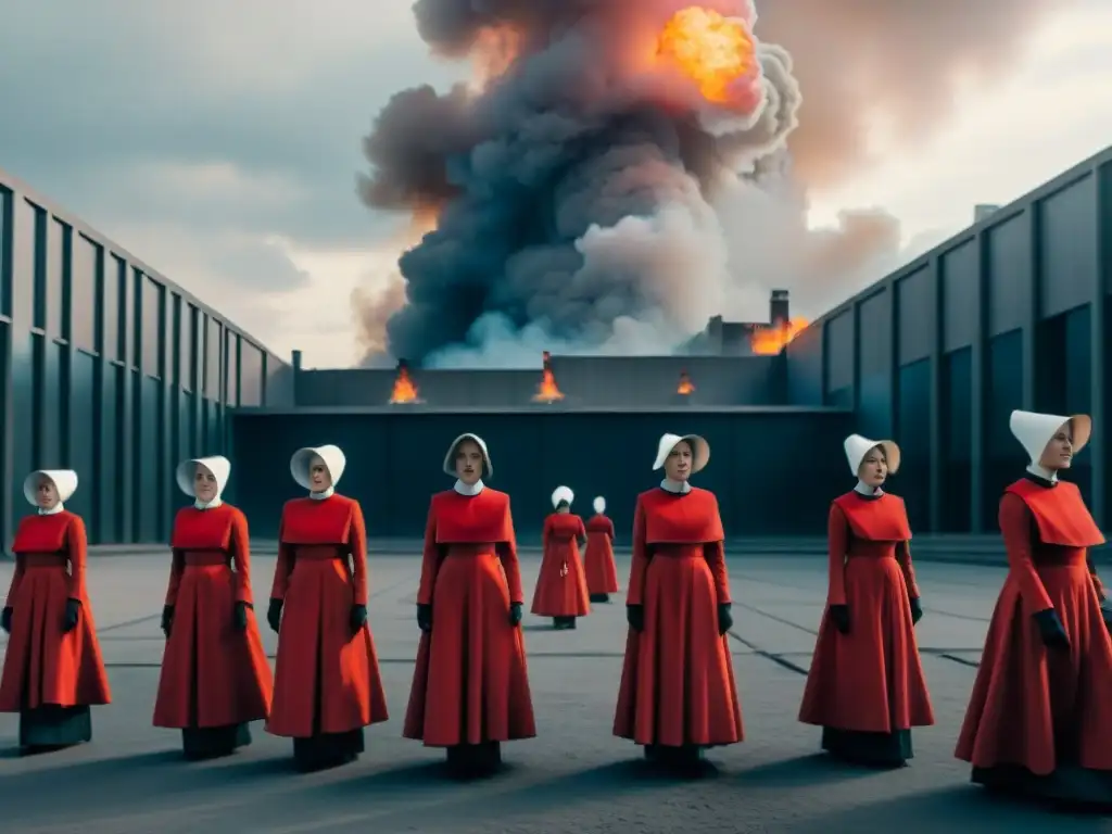 En un oscuro y opresivo paisaje urbano distópico al anochecer, se muestra el sombrío universo ficticio de 'The Handmaid's Tale'