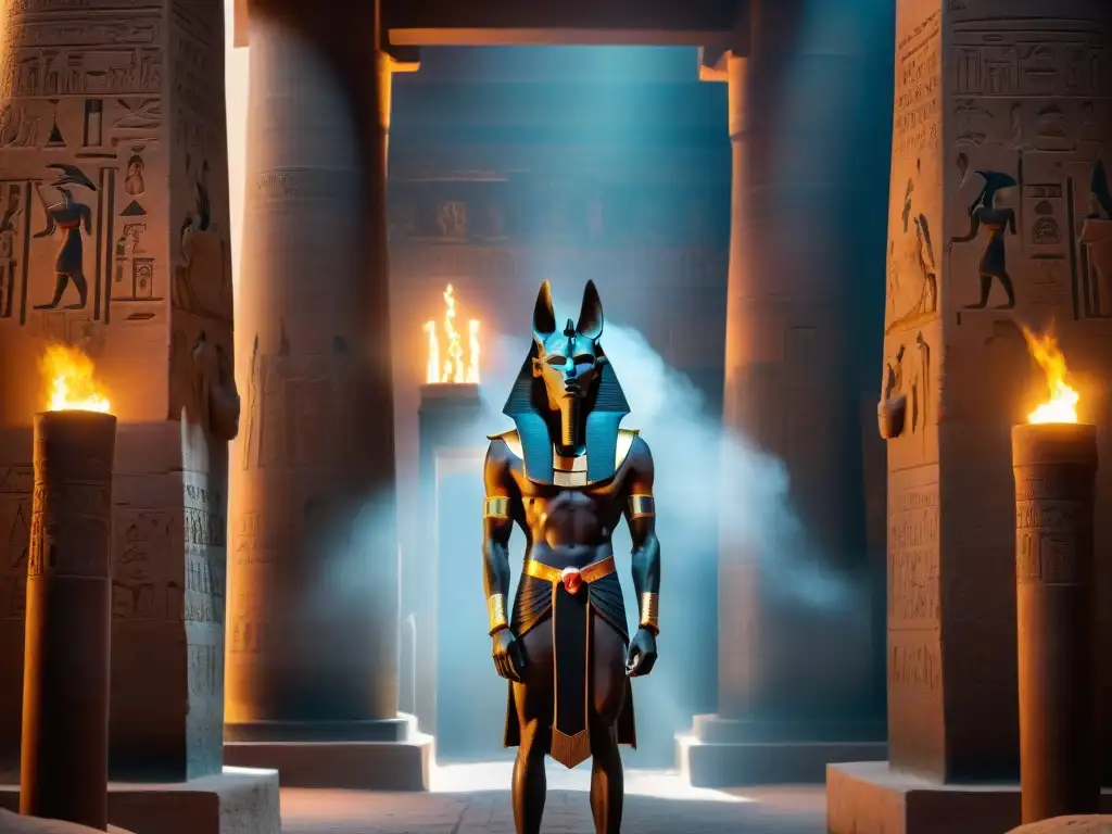 En un oscuro templo, Anubis, dios egipcio de la momificación, brilla con joyas doradas y ojos místicos