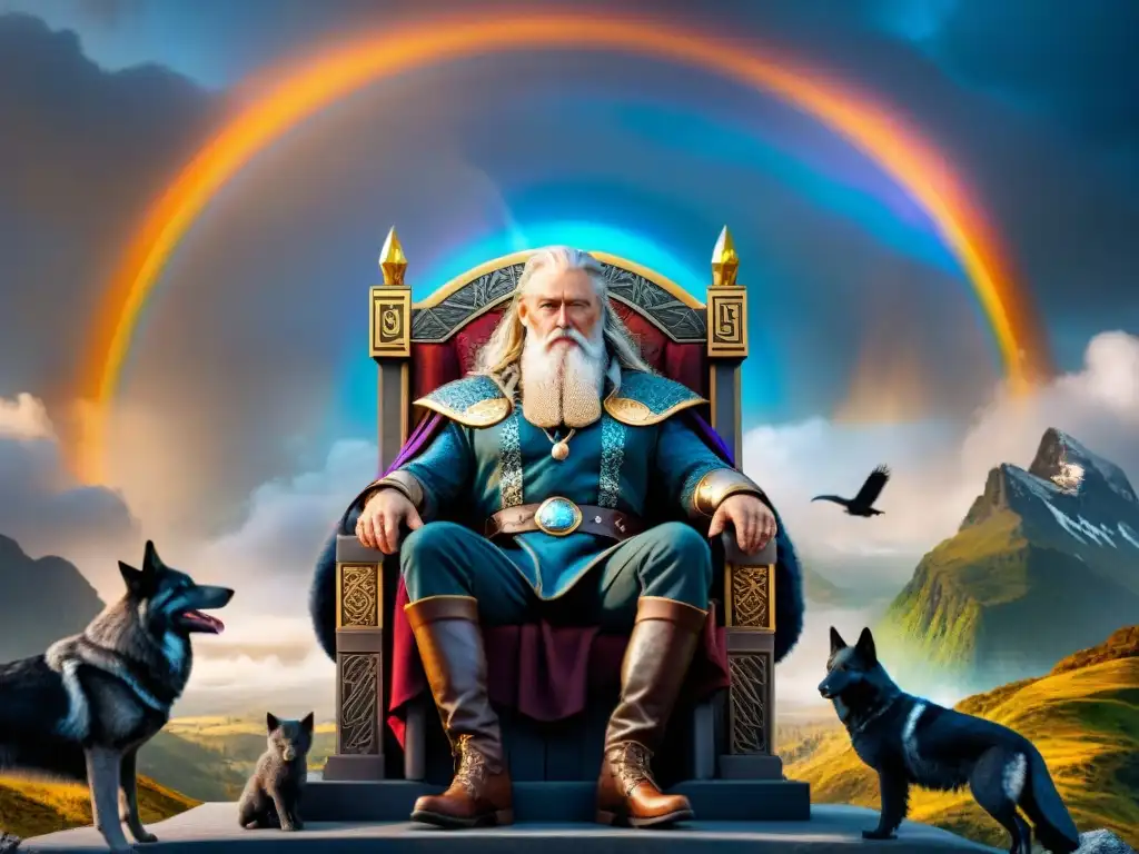 Odin, el Padre de Todos de la mitología nórdica, rodeado de criaturas míticas en Asgard