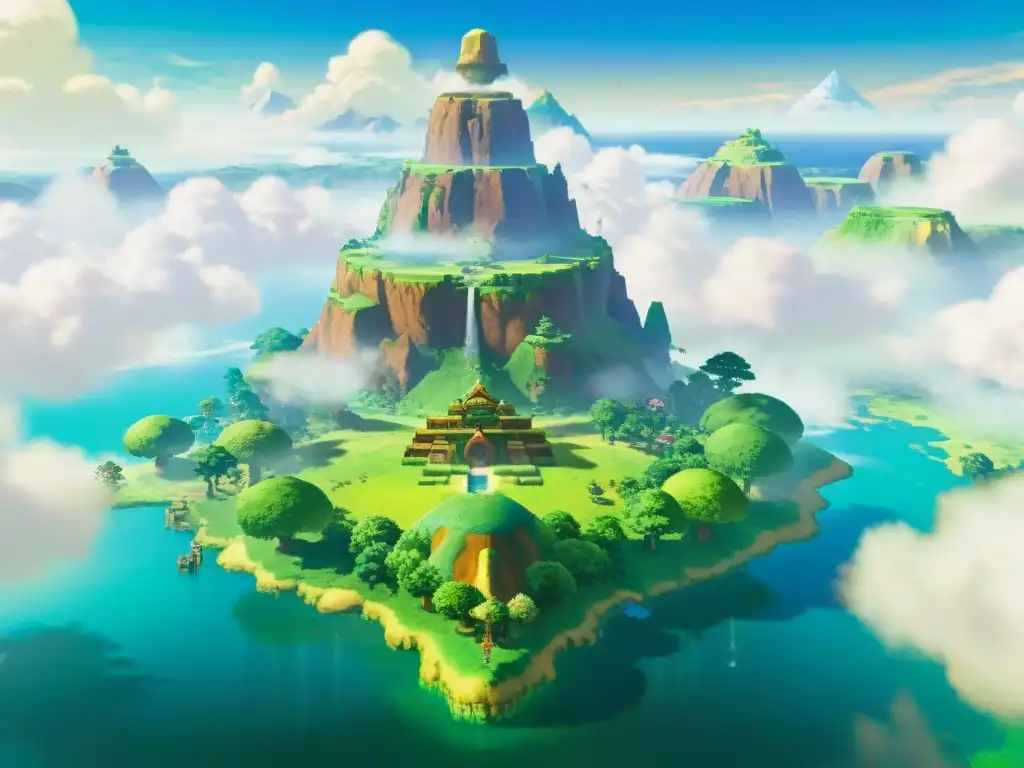 Un paisaje aéreo cinematográfico de las islas flotantes de Skyward Sword, mostrando la geografía compleja del mundo Zelda