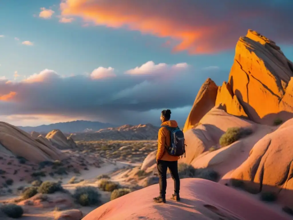 Un paisaje alienígena en Vasquez Rocks al atardecer, con formaciones rocosas silueteadas contra un cielo naranja y rosado dramático