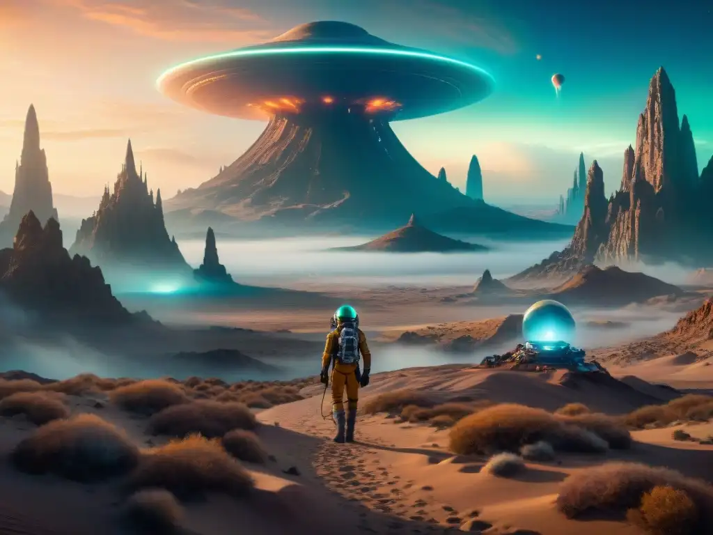 Un paisaje alienígena con exploradores en mundos ficticios profundos