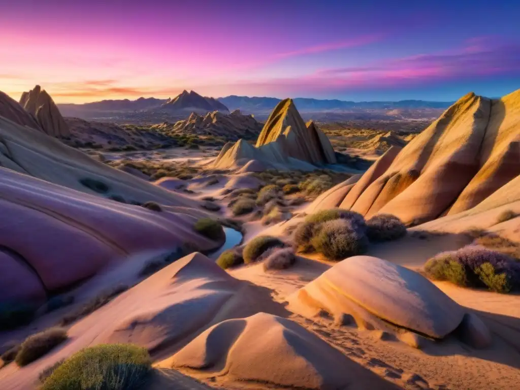 Un paisaje alienígena en Vasquez Rocks: formaciones rocosas únicas al atardecer, colores vibrantes y una silueta de senderista