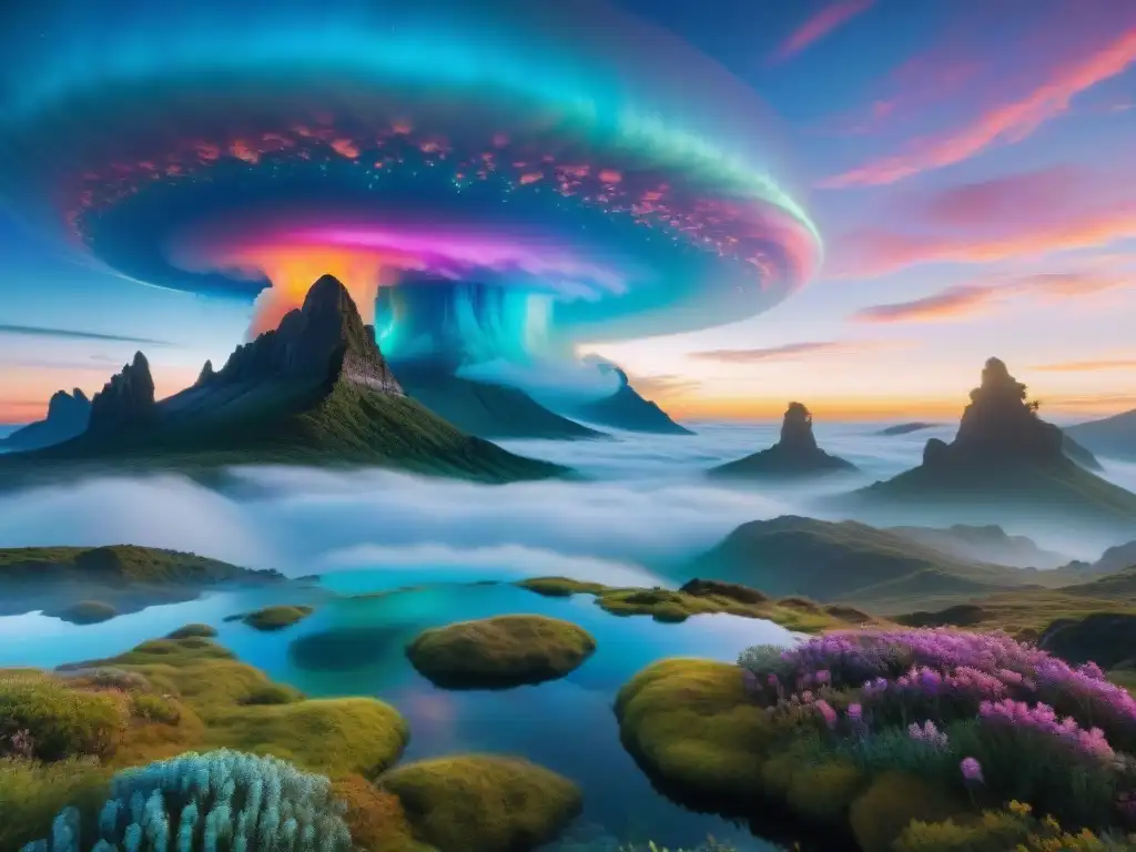 Un paisaje alienígena lleno de vida y color, criaturas fantásticas danzan en un ambiente misterioso