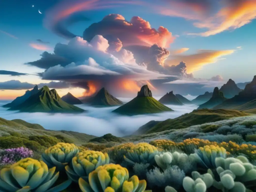 Explora un paisaje alienígena con nubes en remolino, cuerpos celestes y flora única