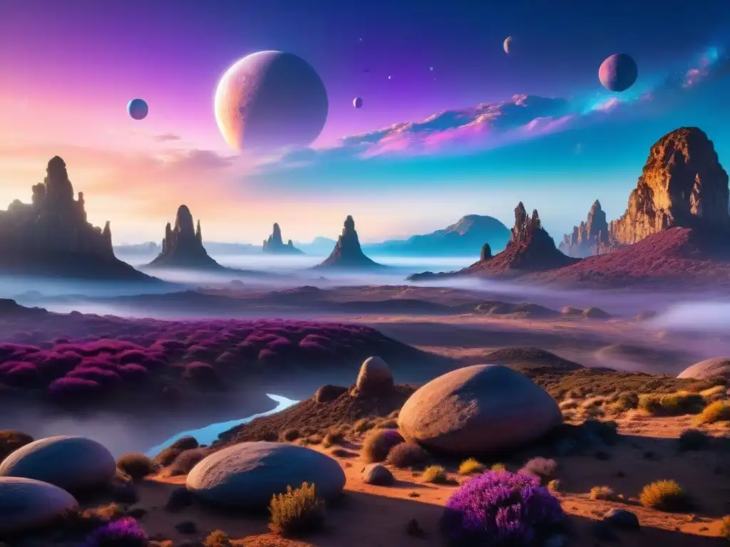 Un paisaje alienígena profundo con seres ficticios diversos en animada interacción