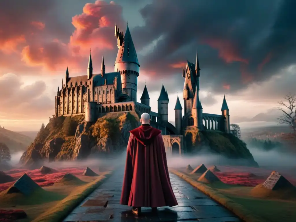 Un paisaje cinematográfico intenso muestra las ruinas de Hogwarts bajo un cielo rojo sangre, con nubes oscuras