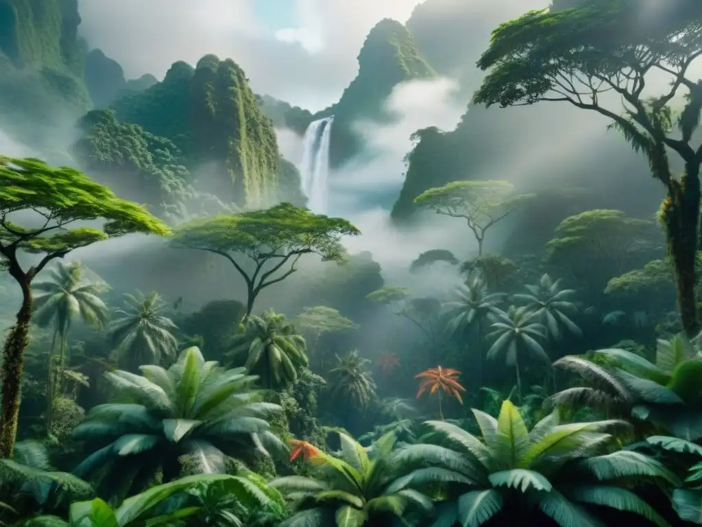 Un paisaje cinematográfico de la selva exuberante en Isla Nublar, con árboles antiguos, vegetación vibrante y niebla entre las ramas