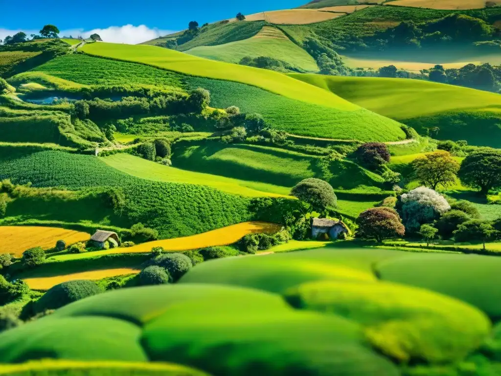 Paisaje de las colinas verdes de Matamata, Nueva Zelanda como escenario LOTR, con Hobbiton en el centro bajo cielo azul