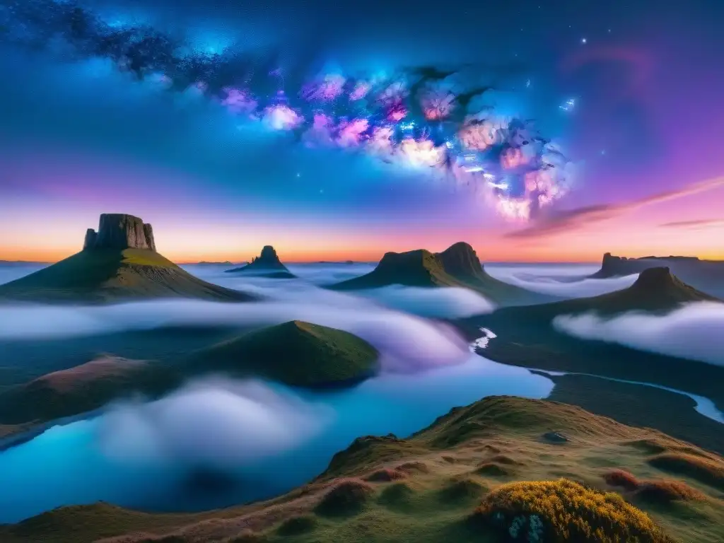 Un paisaje cósmico y misterioso con galaxias y nebulosas en tonos azul, morado y rosa, evocando un análisis de mundos ficticios profundos