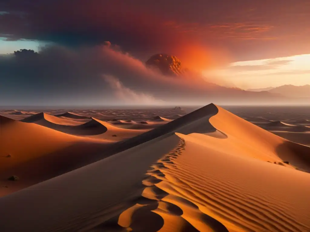 Un paisaje desértico de Arrakis bajo un cielo rojo sangre, con dunas imponentes y trajes especiales Fremen