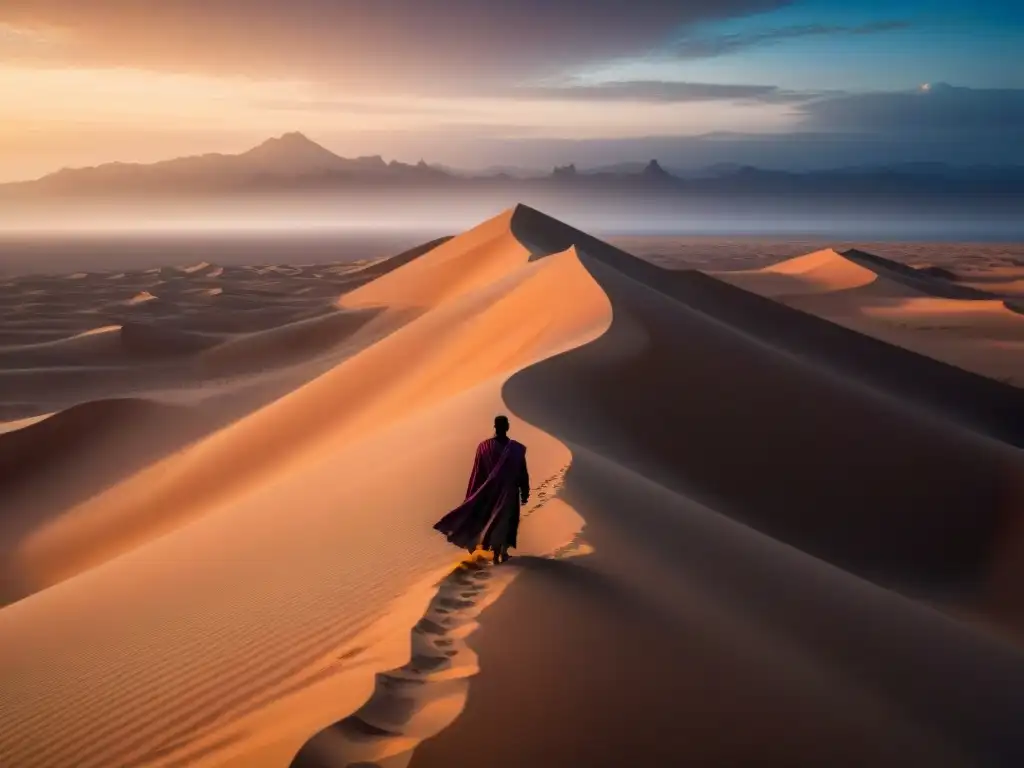 Un paisaje desértico misterioso al atardecer, con dunas altas proyectando sombras