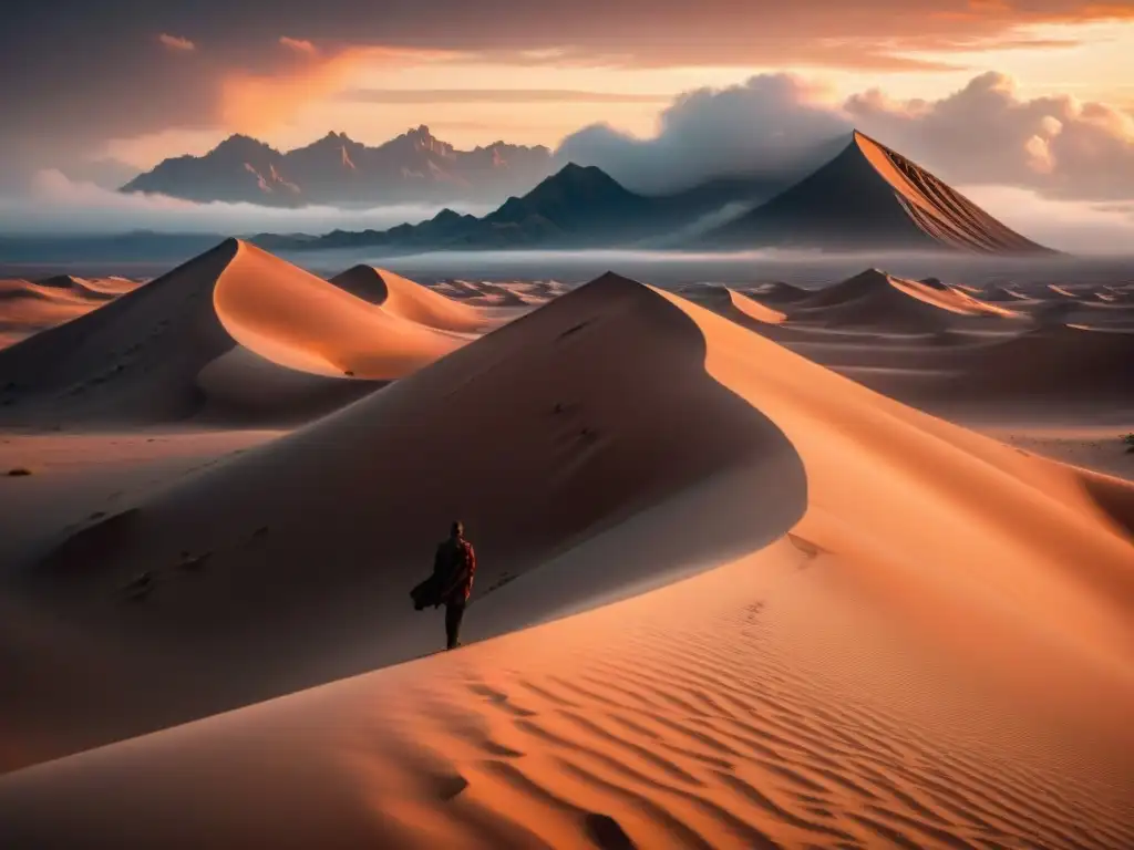 Un paisaje desértico misterioso con dunas, cielo rojo y un gigantesco gusano de arena