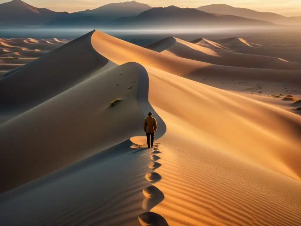 Un paisaje desértico sereno al atardecer, con una figura solitaria al fondo, reflejando el tema de la introspección en 'El Principito'