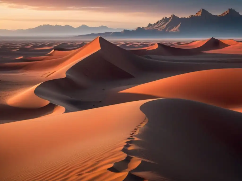 Un paisaje desértico vasto de Arrakis bajo un cielo carmesí, con dunas de arena y formaciones rocosas