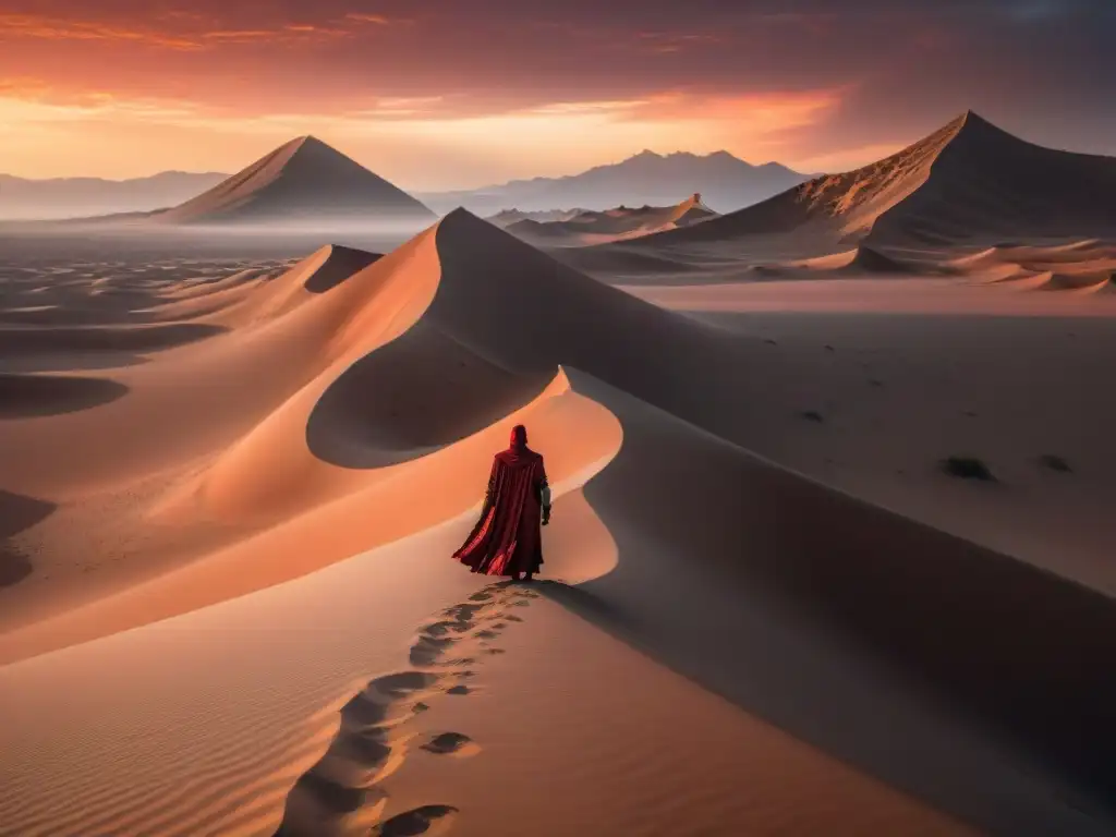 Un paisaje desértico vasto con dunas altas bajo un cielo rojo sangre al atardecer