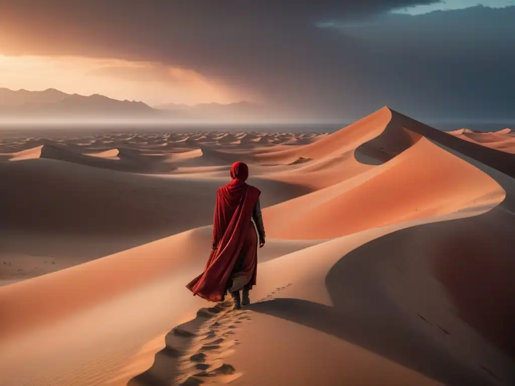 Un paisaje desértico vasto con dunas de arena esculpidas por el viento y un cielo rojo intenso, evocando la influencia de Dune en ciencia